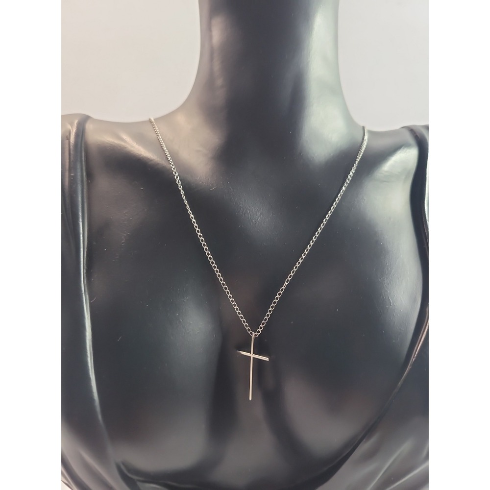 Silver Tone Cross Pendant Necklace Double Chain Minimalist Christian Faith Jewel